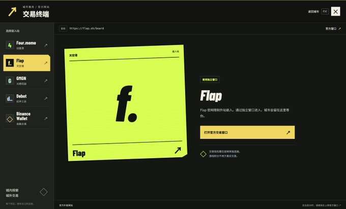 The image shows a dark-themed web interface for "Flap" (域名终端), featuring a bright yellow-green card with the "Flap" logo on the left and a description panel on the right identifying it as a "Web3 contract domain name" service with the message "Flap 官网域名已接入，通过独立窗口进入，域名会留在浏览器导航" and a button labeled "打开独立交易窗口".

The image relates to the post as it displays the Flap domain terminal platform where bCITY is live, serving as an entry portal for newcomers to navigate Binance's various products.