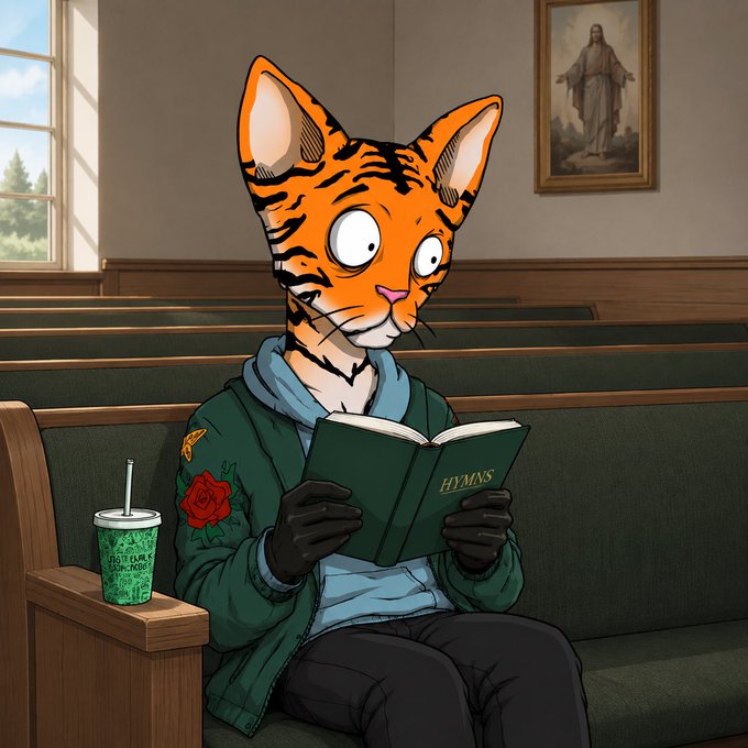 An orange tiger wearing a green jacket with a rose patch sits in a church pew reading a green "HYMNS" book, accompanied by a green cup with a straw on the seat beside it. The scene matches the post, depicting the character "Solcet" attending Sunday church services.