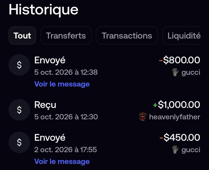 A transaction history screenshot in French showing a $1,000.00 deposit received on October 5, 2026, from "heavenlyfather" at 12:30, confirming the unexpected $1,000 deposit mentioned in the post, along with prior outgoing transfers of $800.00 and $450.00 to "gucci."