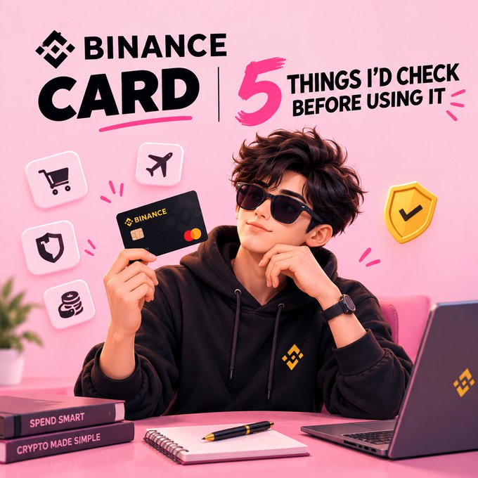 Promotional graphic titled 'BINANCE CARD: 5 THINGS I'D CHECK BEFORE USING IT' featuring an illustrated young man in sunglasses holding a Binance debit card, with books labeled 'Spend Smart' and 'Crypto Made Simple'.