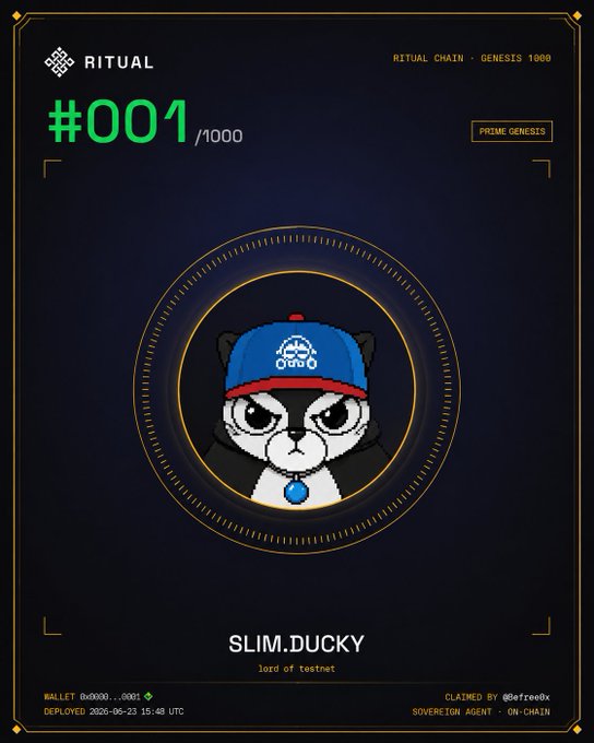 A Ritual Chain Genesis NFT card (#001/1000) featuring the pixel-art character "Slim.Ducky, lord of testnet," a grumpy duck wearing a Ritual cap, claimed by @efreebx on June 23, 2025. The image illustrates one of the 1,000 limited Genesis NFTs available through Ritual's faucet process described in the tutorial.