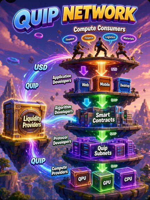 A colorful illustrated infographic titled 'QUIP NETWORK' depicting the ecosystem with Liquidity Providers, Compute Consumers, and Smart Contracts.