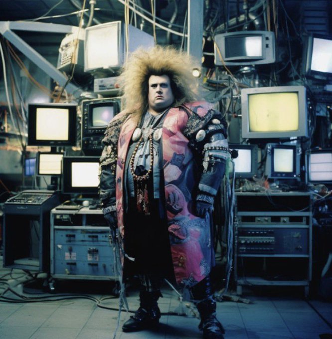 A man with a voluminous blonde shock of hair, wearing a colorful patchwork coat adorned with medallions, stands confidently amid a chaotic backdrop of stacked vintage monitors, tangled cables, and retro electronic equipment. The image evokes a cyberpunk aesthetic that fits the Web3/NFT spotlight teaser, visually embodying the eccentric "Daddy Swank" persona from CyberiaCandy being promoted in the post.