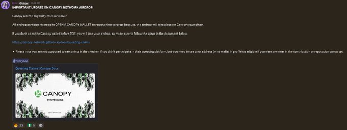 A Discord announcement from "@NucleusCodes" titled "IMPORTANT UPDATE ON CANOPY NETWORK AIRDROP" informs participants that the eligibility checker is live and requires them to open a Canopy wallet to receive their airdrop, with claims processed on Canopy's own chain, linking to the "Canopy-Token-Airdrop-checker" document.