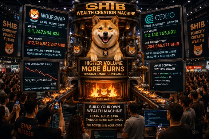 A promotional digital poster for SHIB's "Wealth Creation Machine" featuring a Shiba Inu dog, WoofSwap with $1,247,934,834 volume, CEX.IO with $2,148,765,892 volume, and messaging about smart contract burns.