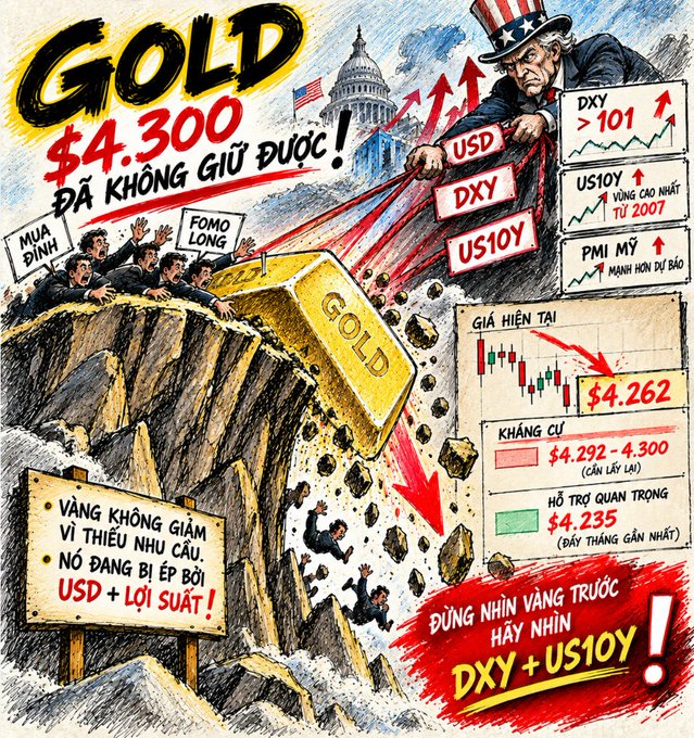 A Vietnamese illustration titled 'GOLD $4.300 ĐÁ KHÔNG GIỮ ĐƯỢC!' depicts gold falling off a cliff while being pushed by USD, DXY, and US10Y, with current price $4.262 and resistance levels noted.