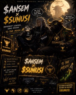 A dark, stylized graphic features two masked figures seated on a throne in front of a full moon, wearing apparel branded "SANSEM" and "SUNUSI." Text overlays include "BORN IN AFRICA. BUILT FOR THE WORLD," "DIFFERENT LEGENDS. SAME MISSION. TO THE MOON," "$SANSEM x $SUNUSI," and "ONE COMMUNITY. ONE MISSION. ONE CITY," visually reinforcing the post's message about $SUNUSI being a community-driven African crypto movement.