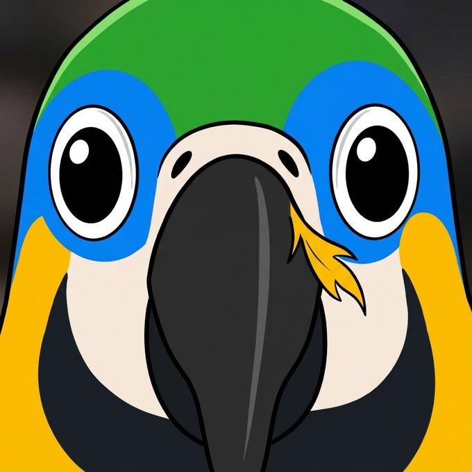 A close-up digital illustration of a cartoon parrot with large round eyes, a green head, blue facial markings, a cream face, and a large dark gray beak.