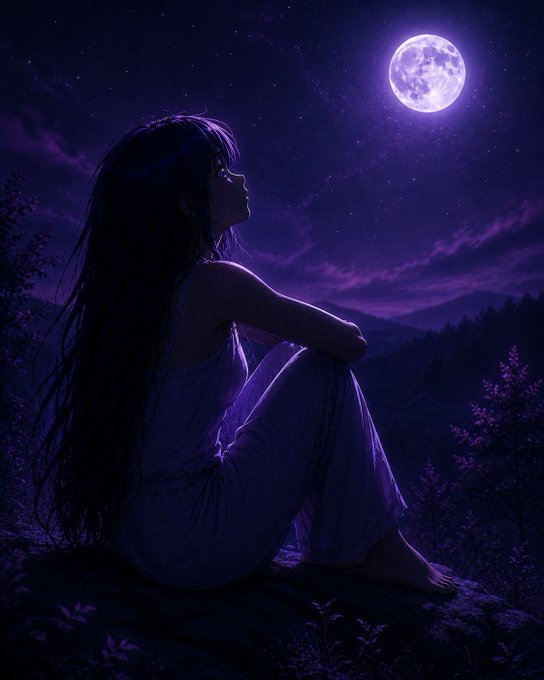 An anime-style digital illustration of a woman with long dark hair sitting in a field of purple flowers, looking up at a glowing full moon in a starry night sky.