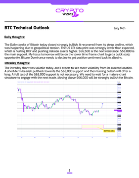 Crypto.com BTC Technical Outlook dated July 14th, featuring daily and intraday analysis of Bitcoin's price movement with a candlestick chart.