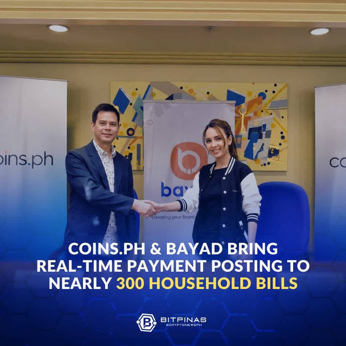 A man and a woman shake hands in front of Coins.ph and Bayad branded banners, with on-screen text reading "COINS.PH & BAYAD BRING REAL-TIME PAYMENT POSTING TO NEARLY 300 HOUSEHOLD BILLS" by BitPinas, visually commemorating their new partnership to expand bill payment services.