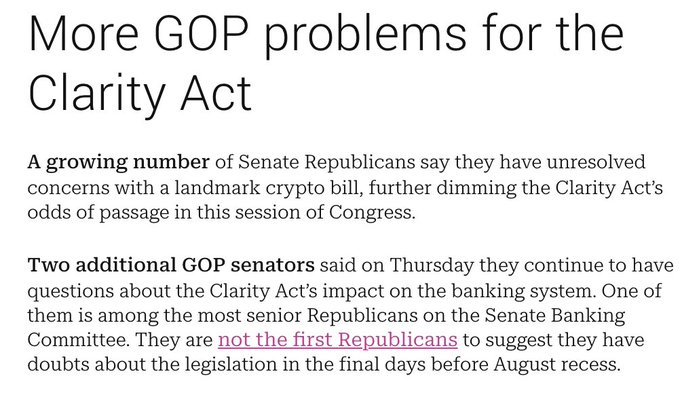 A news headline reading "More GOP problems for the Clarity Act" reports that a growing number of Senate Republicans have unresolved concerns about the landmark crypto bill, with two additional GOP senators raising questions about its impact on the banking system, directly supporting the post's claim about weakening passage prospects for the CLARITY Act's stablecoin yield provisions.