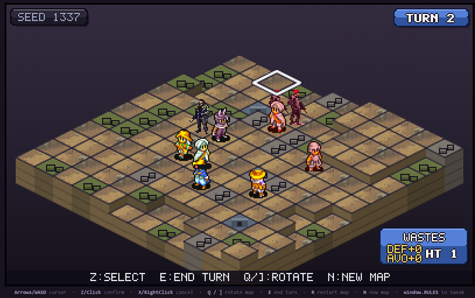 A screenshot from a tactical RPG video game shows a grid-based battlefield in 'WASTES' with character sprites; the interface displays 'SEED 1337', 'TURN 2', stats 'DEF+0 / AVO+8 / HT 1', and control instructions at the bottom.