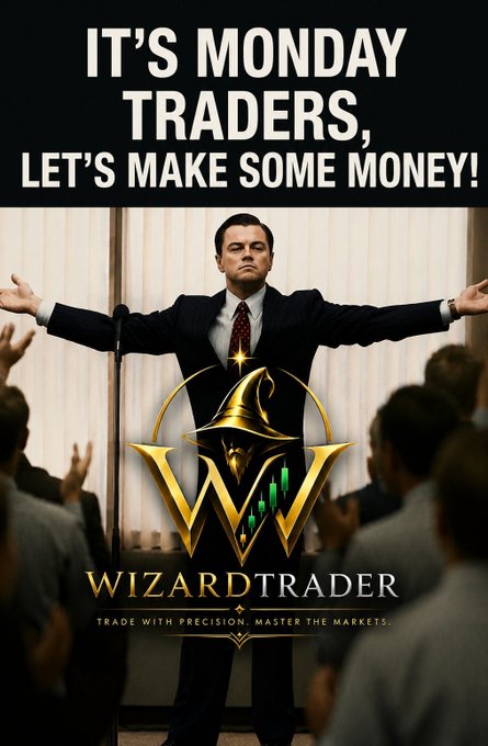 A Wolf of Wall Street parody poster with Leonardo DiCaprio's arms outstretched, captioned 'IT'S MONDAY TRADERS, LET'S MAKE SOME MONEY!' for 'WIZARDTRADER'.