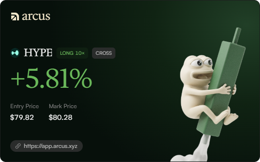 An Arcus trading card showing a HYPE LONG 10× CROSS position up +5.81%, with an entry price of $79.82 and mark price of $80.28, alongside a frog character hugging a green price bar.