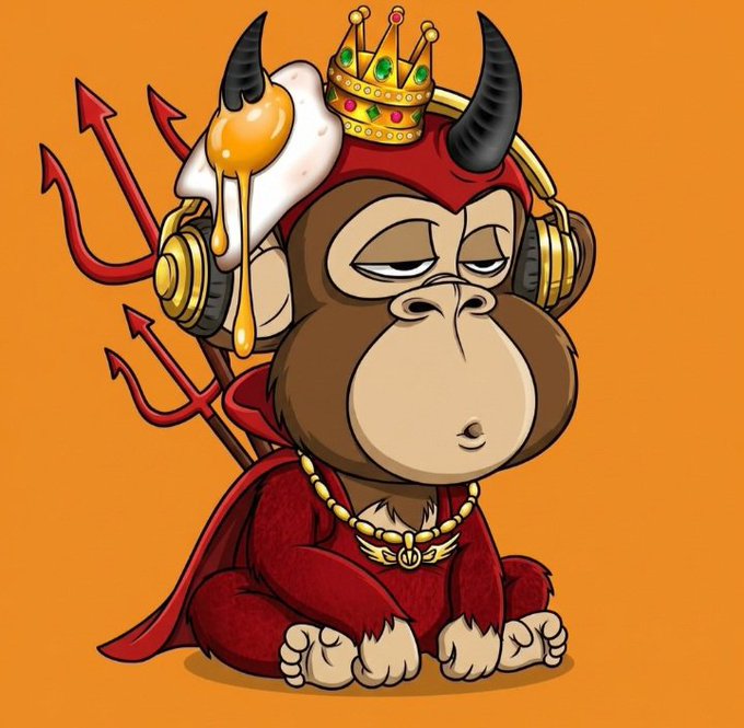 A cartoon illustration of a brown monkey dressed in a red devil costume with horns, a gold crown, headphones, a trident, and gold chains, sitting against an orange background.