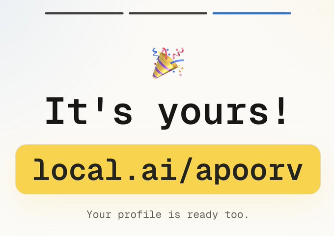 A celebratory graphic features a party popper emoji above the text "It's yours!" and a yellow button displaying "local.ai/apoorv," indicating that the user's unique profile link has been successfully created and is ready to share.