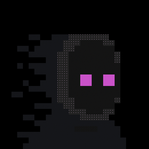 Pixel art illustration of a dark, shadowy figure with two bright pink rectangular eyes against a black background.