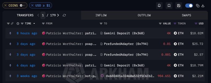 A cryptocurrency transaction history screen showing transfers involving 'Gemini Deposit' and 'PrefundedAdapter' addresses with various ETH values from 'Patricio Worthalter'.