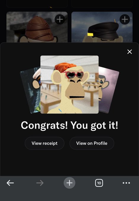 A congratulatory pop-up displays "Congrats! You got it!" over a featured image of a Bored Ape NFT wearing sunglasses, with "View receipt" and "View on Profile" buttons below, celebrating the successful addition of a new digital collectible to the user's bag.