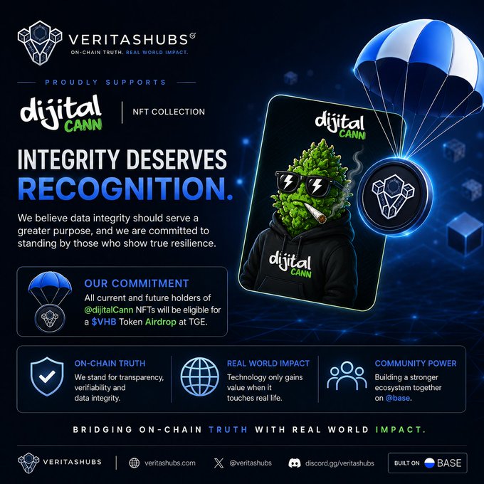 Promotional graphic for VeritaShubs announcing support for the DijitalCann NFT collection, featuring a parachuting token and text stating holders will be eligible for a $VHB Token Airdrop at TGE.