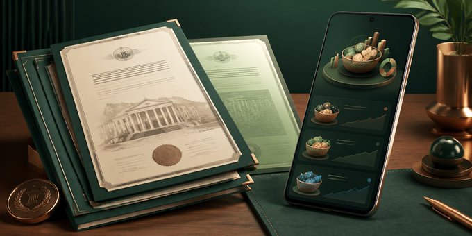 An elegantly styled scene showing official documents or certificates with classical building illustrations alongside a smartphone displaying product photos on a wooden desk.