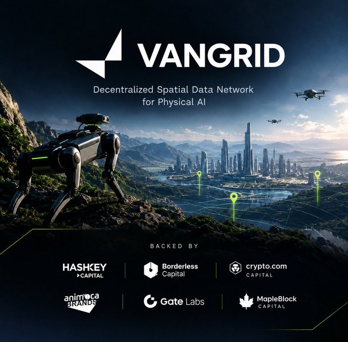 A promotional graphic for VANGRID, subtitled 'Decentralized Spatial Data Network for Physical AI,' showing a robot and drones overlooking a futuristic city, backed by HashKey Capital, Borderless Capital, crypto.com, Animoca Brands, Gate Labs, and MapleBlock Capital.