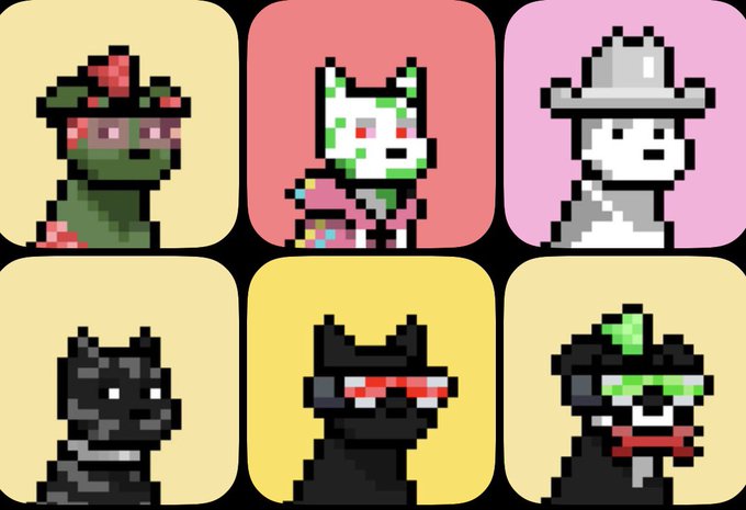 A grid of six pixel-art dog characters in various colorful designs—including a reptile-like dog, a green-splattered pup, and a figure in a cowboy hat—each set against pastel backgrounds. The cartoonish, meme-style characters visually represent the "DOGINAL DOGS" referenced in the post, embodying their playful, resilient vibe with the message that the community will persist regardless of attention or criticism.