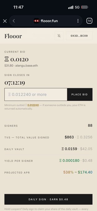 A mobile screenshot of the "floor.fun" app showing a current bid of 0.0120 ETH with a sign closes timer at 07:12:19, displaying metrics like 88 signers and a projected APR of 538%.