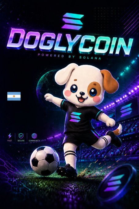 A promotional poster for "DOGLYCOIN POWERED BY SOLANA" featuring an animated dog wearing a soccer uniform and a Solana jersey, with a soccer ball and features like "FAST", "SECURE", and "COMMUNITY" listed.
