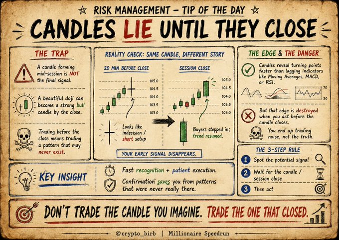 A vintage-style infographic titled "RISK MANAGEMENT - TIP OF THE DAY: CANDLES LIE UNTIL THEY CLOSE" by @crypto_birb, illustrating how candles reveal their true meaning only at session close through the phrase "20 MIN BEFORE CLOSE" turning into "SESSION CLOSE," with supporting warnings like "YOUR EARLY SIGNAL DISAPPEARS" and advice to "DON'T TRADE THE CANDLE YOU IMAGINE. TRADE THE ONE THAT CLOSED."

The image directly visualizes the post's scenario, showing how a textbook doji forming mid-session transforms into a strong bull candle by close—exactly mirroring the trader's experience of shorting the "indecision" pattern only to watch buyers step in and invalidate the setup.