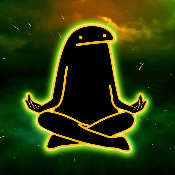 A digital artwork of a meditating figure in lotus position rendered as a black silhouette with glowing yellow-orange outlines, set against a cosmic green nebula background.