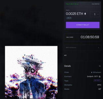 An NFT minting page showing a glitchy painted portrait priced at 0.0025 ETH, with a sale countdown of 01:08:50:59 and NFT details indicating IPFS media on the Ethereum chain.