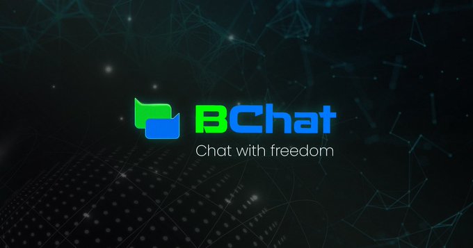 The image displays the BChat logo with the tagline "Chat with freedom" against a dark, networked background. It visually supports the post's emphasis on BChat's privacy-first approach, where users can message without providing a phone number, email, or username, unlike conventional platforms.