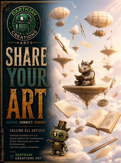 A fantasy-themed poster for 'Darthjav Creations Art' titled 'SHARE YOUR ART' featuring a rhinoceros reading a book on a floating island, a small robot, hot air balloons, and floating books in the sky.