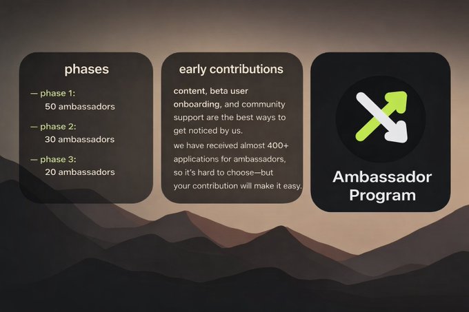 An informational graphic about an 'Ambassador Program' featuring three panels: 'phases' (50 ambassadors in phase 1, 30 in phase 2, 20 in phase 3), 'early contributions' about content and community support, and an Ambassador Program logo with crossed arrows.