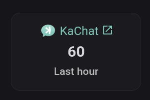 A dark card displays the KaChat logo with "60" and the label "Last hour," indicating a surge in messaging activity on the KaChat platform, which ties into the announcement of $KAS and the official launch at kaspa.stream.