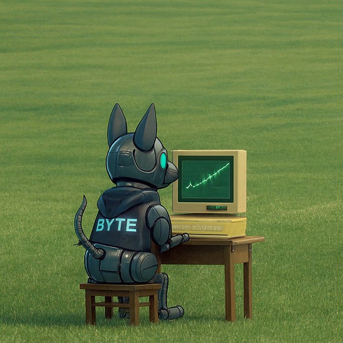 A digital illustration of a robot wearing a 'BYTE' hoodie sitting at a desk on a green grass field, watching a green line chart on an old-style CRT monitor.