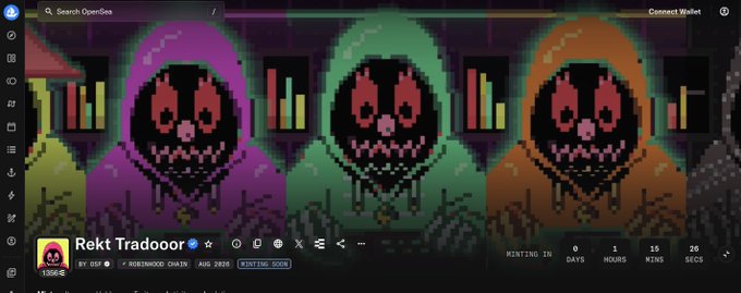 A screenshot of an NFT collection page for "Rekt Tradooor" showing three pixelated hooded figures in purple, green, and orange with menacing faces, displaying a minting countdown timer.