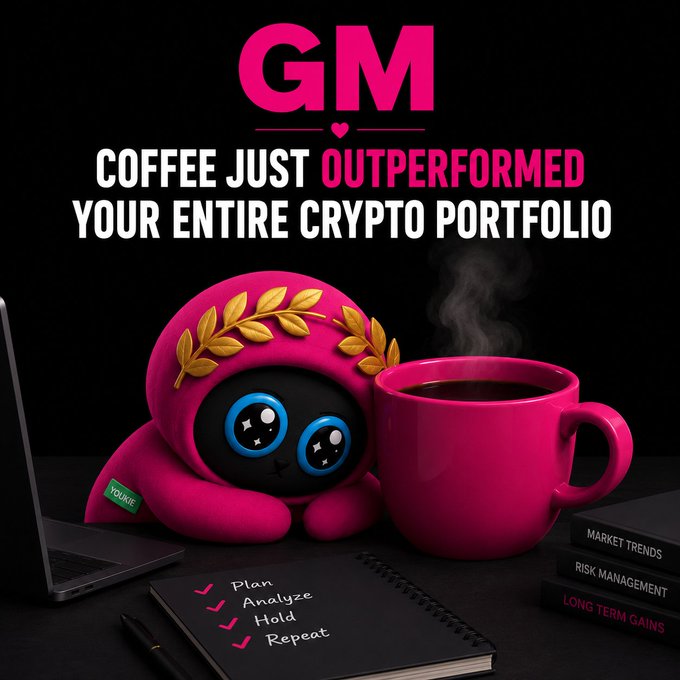 A meme graphic reading 'GM - COFFEE JUST OUTPERFORMED YOUR ENTIRE CRYPTO PORTFOLIO', featuring a pink plush character with a laurel wreath next to a steaming coffee mug, with a notebook showing 'Plan, Analyze, Hold, Repeat' and books labeled 'MARKET TRENDS', 'RISK MANAGEMENT', and 'LONG TERM GAINS'.
