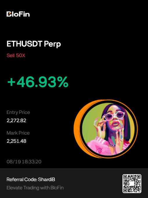 A BloFin promotional card showing an ETHUSDT perpetual short position (Sell 50X) with a +46.93% gain, entry price 2,272.82 and mark price 2,251.48 dated 08/19 18:33:20, featuring referral code "ShardiB." The card highlights the winning 97 RSI short trade on ETH mentioned in the post.