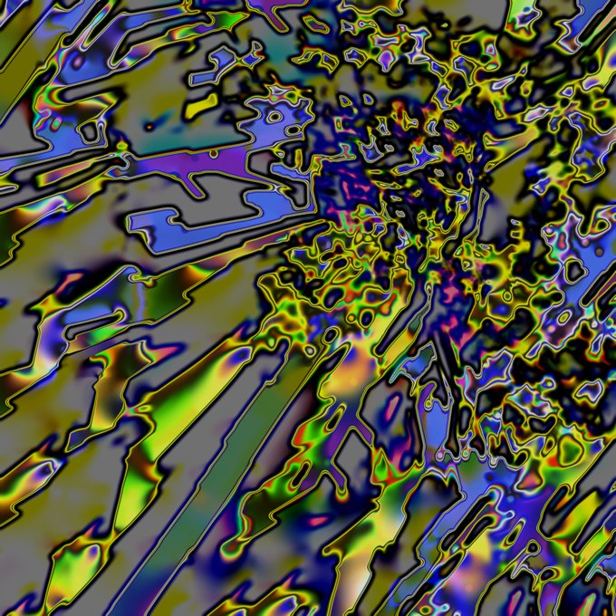 An abstract, psychedelic image with swirling, iridescent patterns in neon green, yellow, blue, and purple, resembling oil on water or a holographic texture.