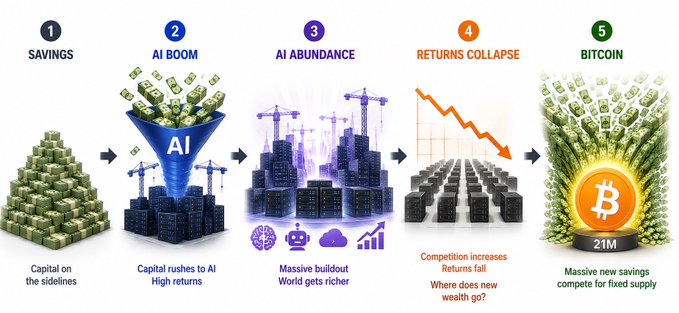 A five-step infographic illustrating an economic narrative: (1) SAVINGS - a pyramid of cash stacks labeled 'Capital on the sidelines'; (2) AI BOOM - capital flowing through an AI funnel onto server towers, labeled 'Capital rushes to AI, High returns'; (3) AI ABUNDANCE - expanding server cityscape with brain, robot, cloud, and chart icons, labeled 'Massive buildout, World gets richer'; (4) RETURNS COLLAPSE - a downward red arrow over cooling servers, labeled 'Competition increases, Returns fall, Where does new wealth go?'; (5) BITCOIN - an orange Bitcoin coin with '21M' label surrounded by cash, labeled 'Massive new savings compete for fixed supply'.