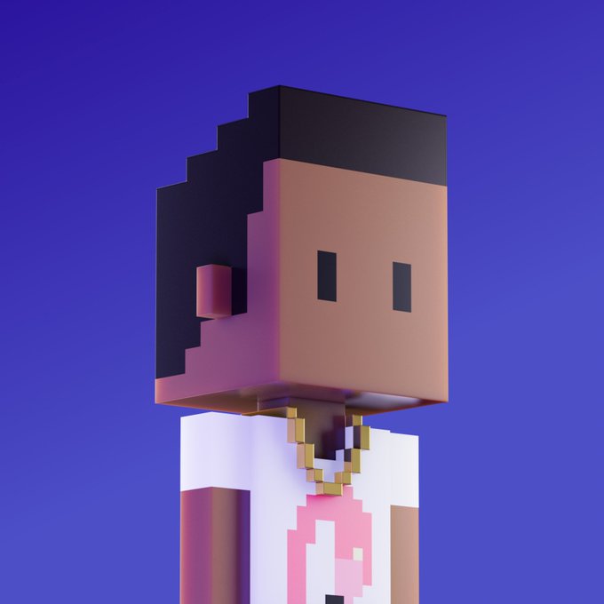 A 3D-rendered blocky character with a large square head, simple pixelated features, dark hair, and a gold chain necklace against a purple background.