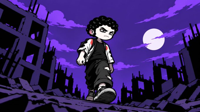 Stylized cartoon illustration of an angry child character with curly hair walking through a destroyed cityscape at night under a purple sky with a full moon.