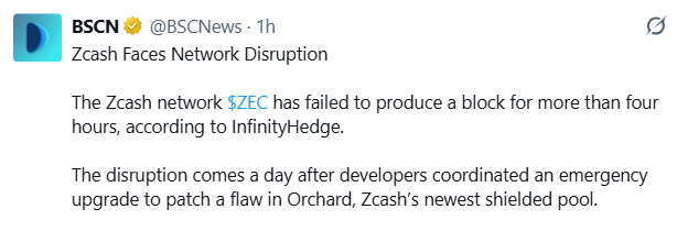 The image presents a screenshot of a post from an account, named "BSCN", that was authored by @mert Silbert. The main focus of this post seems to be on a report about Zcash's network disruption. The text reads: "Multiple reports claiming 'ZCASH NETWORK IS DOWN; NOT PRODUCED A BLOCK FOR MORE THAN 4 HOURS., according to users @BarrySilbert, @mert Silbert, and @zcash. ZCash's newest shielded pool."
The post also includes an image that shows a screenshot of the source code for a patch that could potentially fix the issue with the network. This screenshot is part of a larger screenshot posted on the account to provide context about the reported problem and its potential solution.