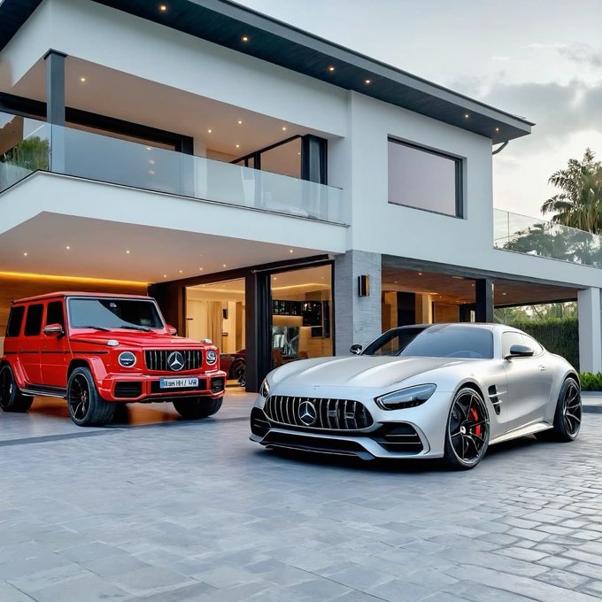 A modern luxury two-story house with a red Mercedes G-Wagon and a silver Mercedes-AMG GT parked in the driveway.