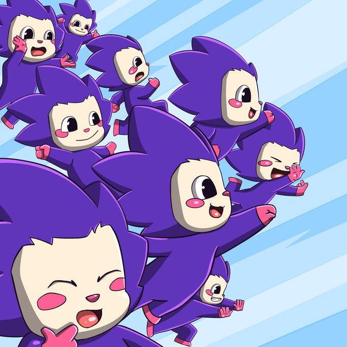 Illustration of multiple purple cartoon hedgehog-like creatures in various cheerful poses against a light blue striped background.