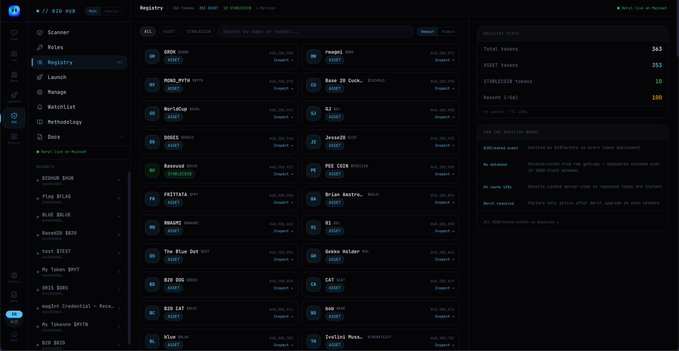 A dark-themed blockchain dashboard displays the B20 token registry interface, showing 363 total tokens with 353 assets, 18 stabilized tokens, and 100 require flags, while listing individual tokens like GE20, POW_META, Save 20 Club, and B20 DCD in a detailed data table. The right panel outlines registry stats and actions including deployment steps ("Validate token") and policy controls ("Set new roles"), visually demonstrating BlueAgent's ability to inspect B20 token metadata such as supply, cap, variant, and policies as described in the post.