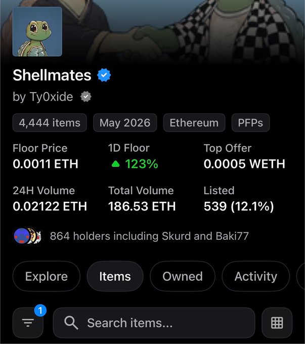 An NFT collection page for 'Shellmates by Ty0xide' showing 4,444 items on Ethereum with a floor price of 0.0011 ETH and 864 holders.